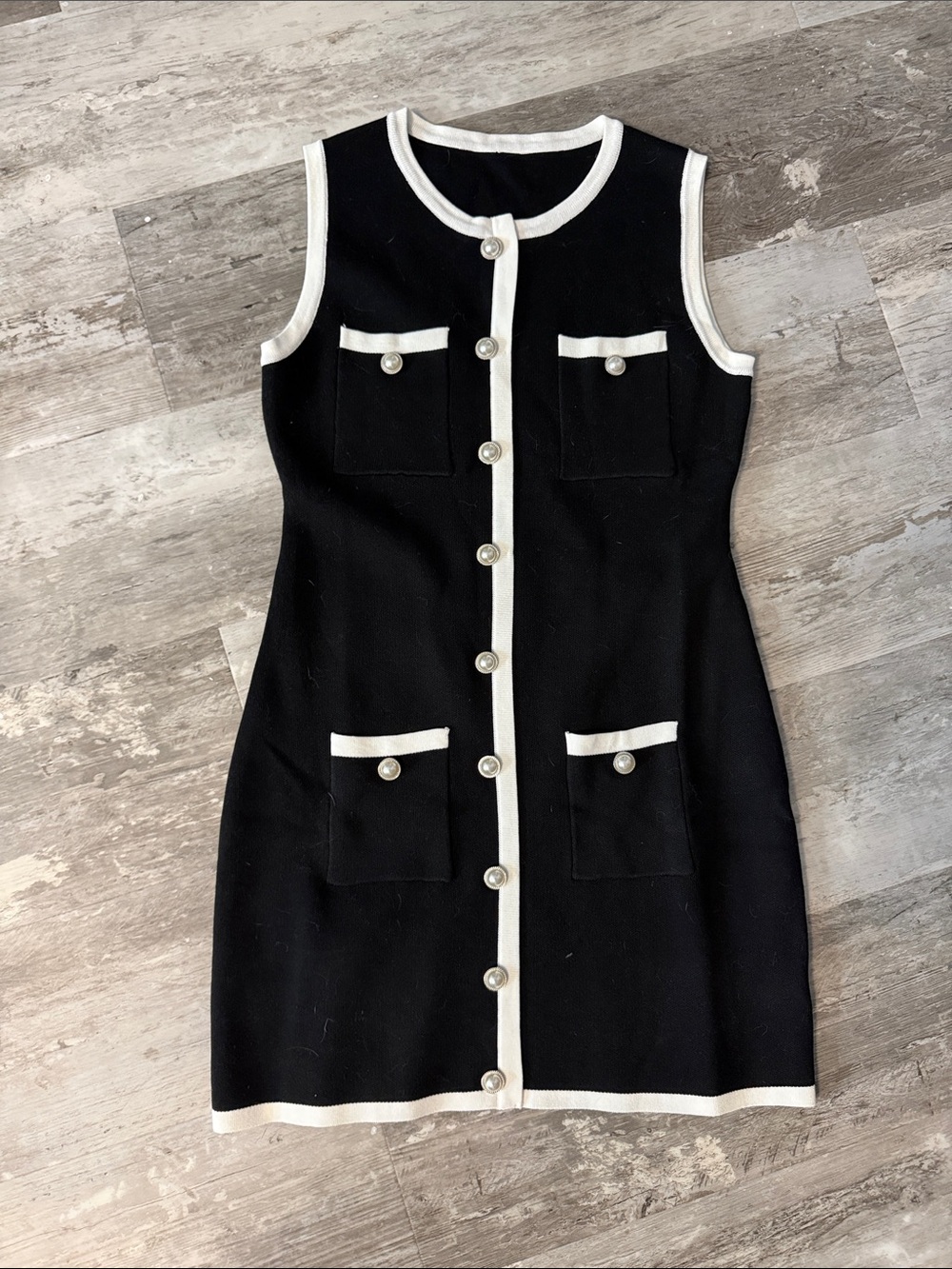 Sleeveless Black Knit Shift Dress with White Trim
